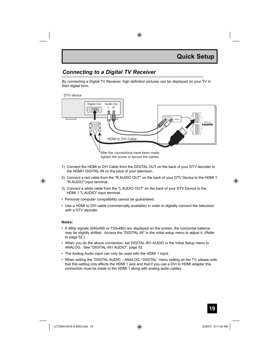 Quick setup, Connecting to a digital tv receiver | JVC HD-70A478 User Manual | Page 19 / 88