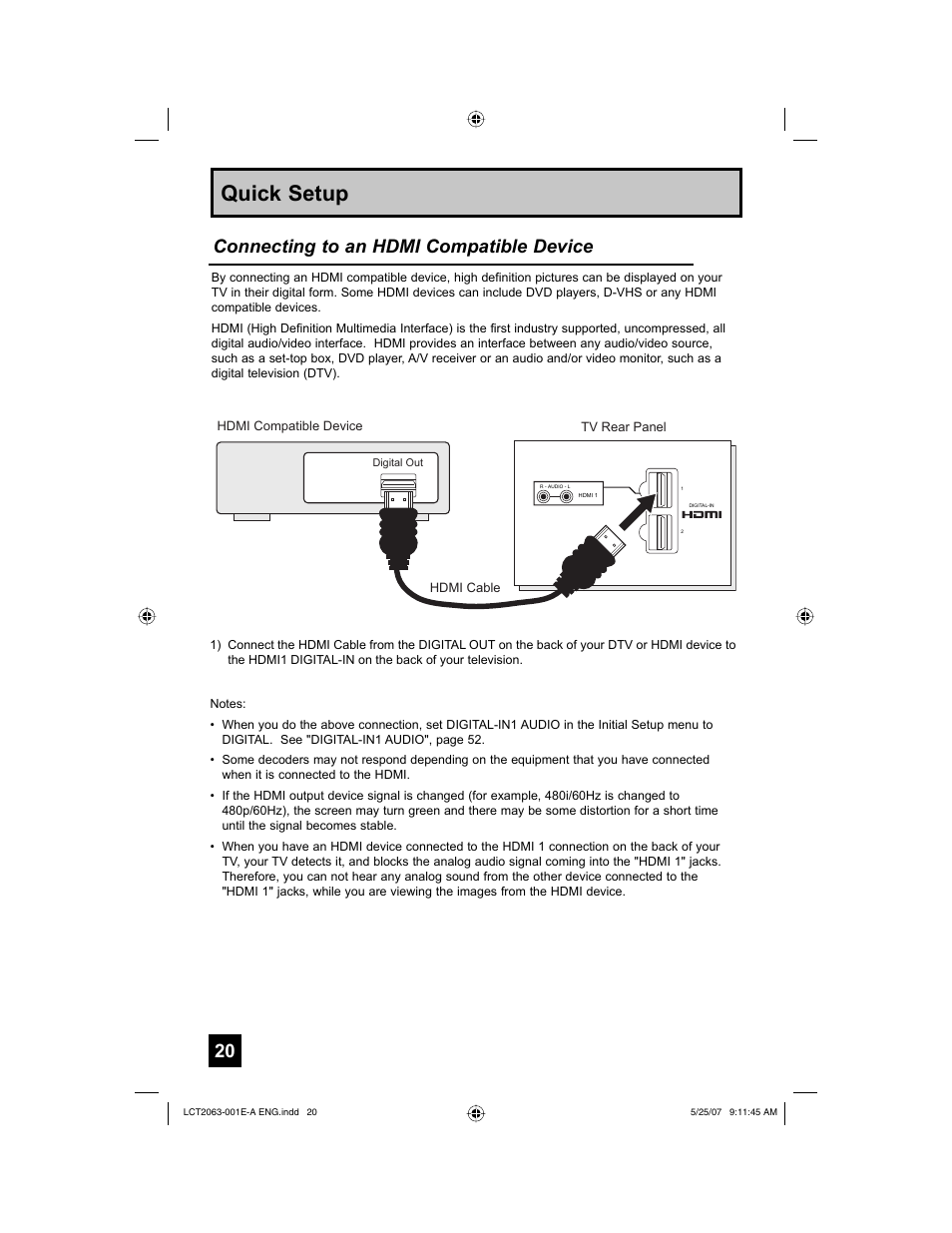 Quick setup, Connecting to an hdmi compatible device | JVC HD-70A478 User Manual | Page 20 / 88