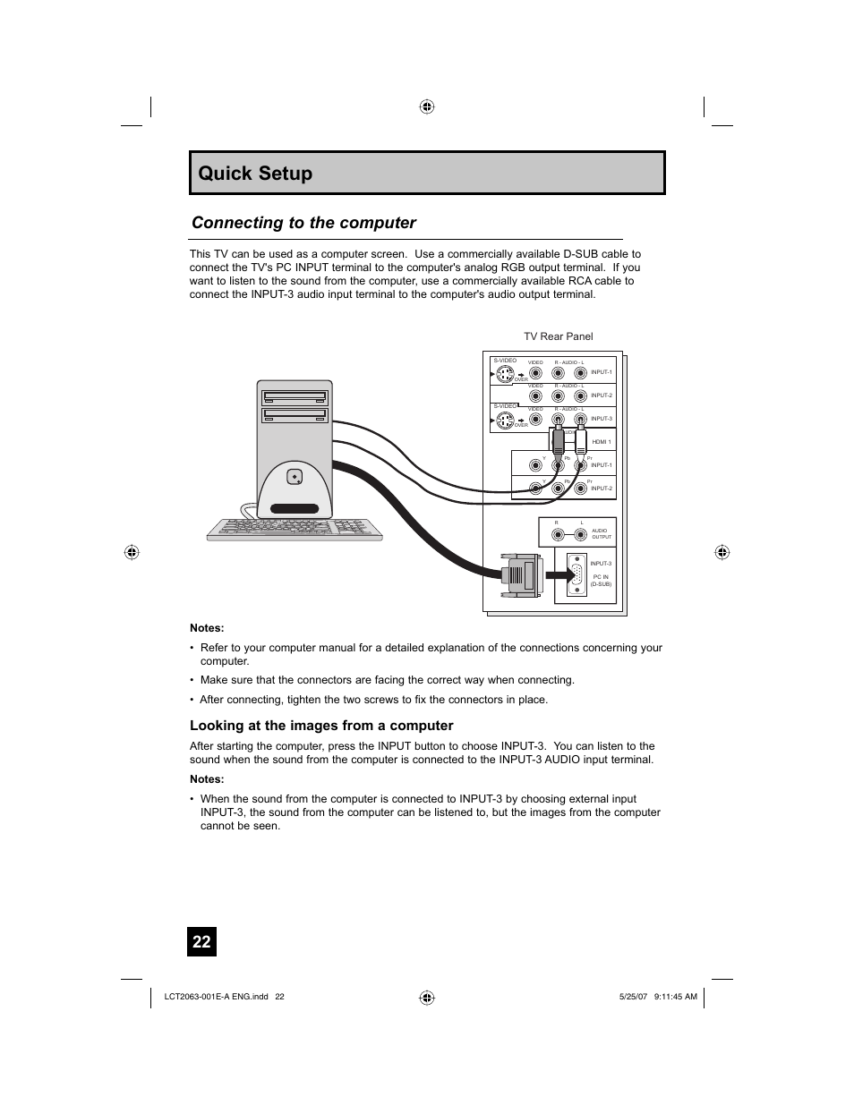 Quick setup, Connecting to the computer, Looking at the images from a computer | JVC HD-70A478 User Manual | Page 22 / 88