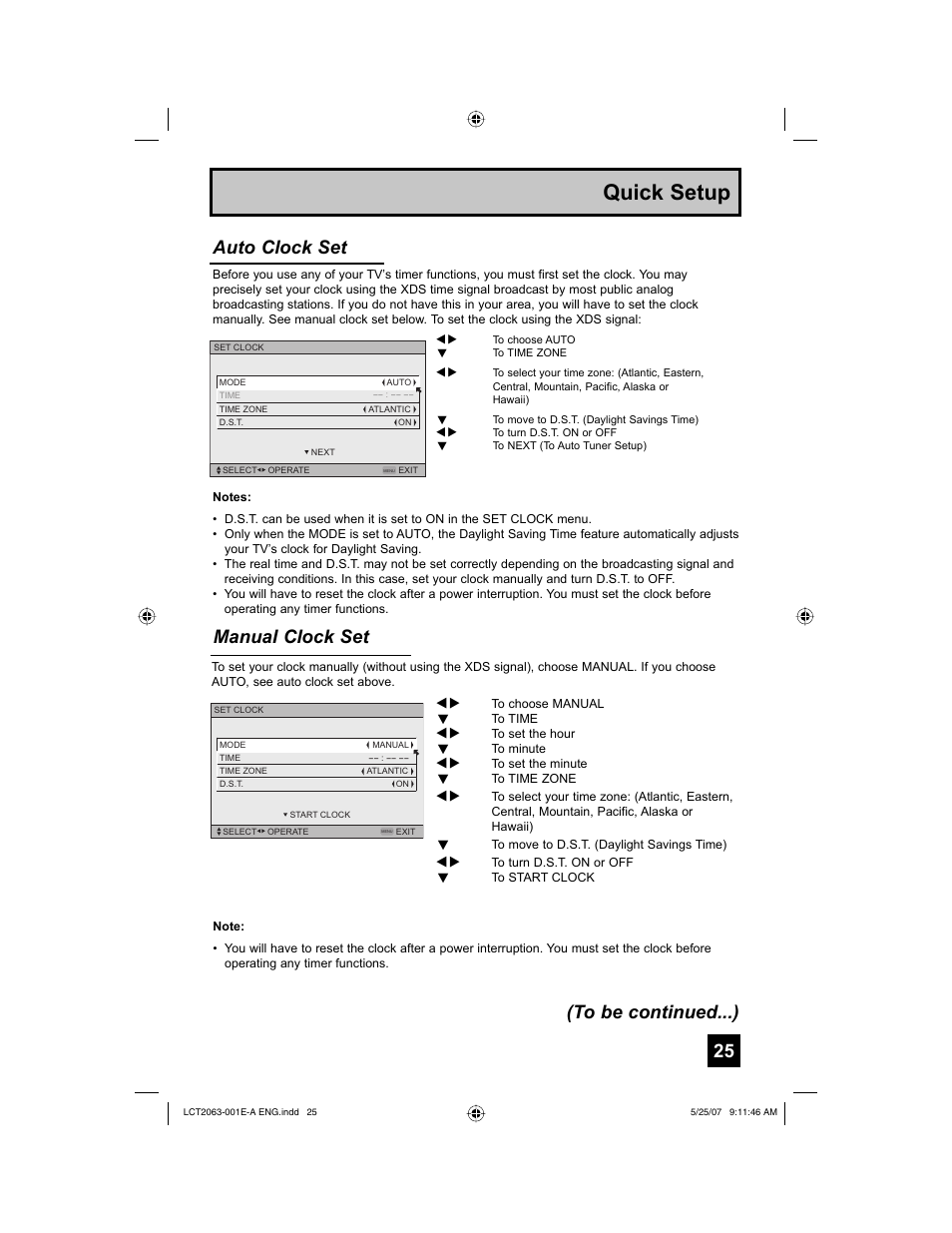 Quick setup, Manual clock set, Auto clock set (to be continued...) | JVC HD-70A478 User Manual | Page 25 / 88