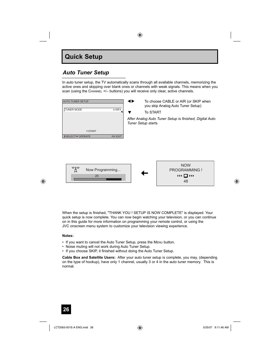 Quick setup, Auto tuner setup | JVC HD-70A478 User Manual | Page 26 / 88