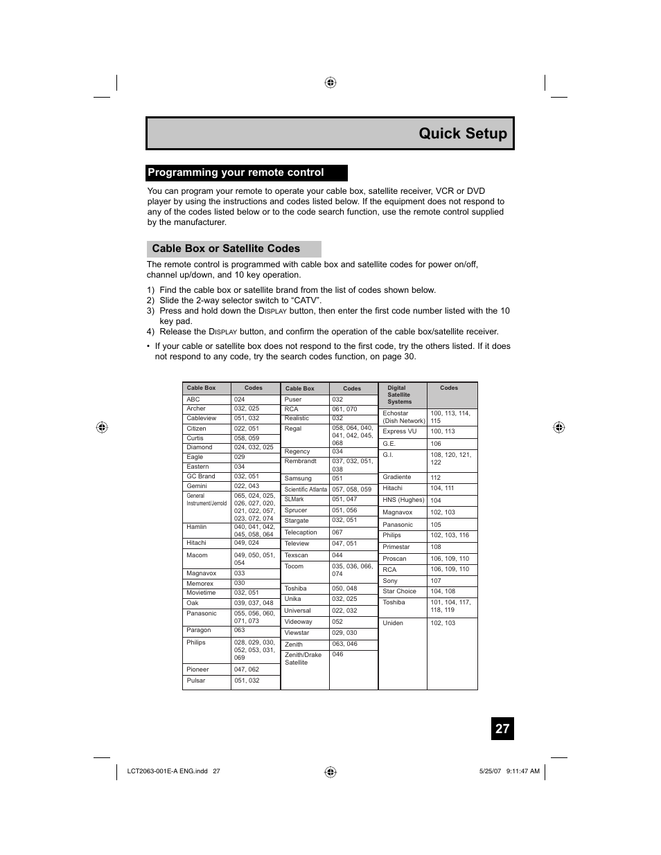 Programming your remote control, Quick setup, Cable box or satellite codes | JVC HD-70A478 User Manual | Page 27 / 88