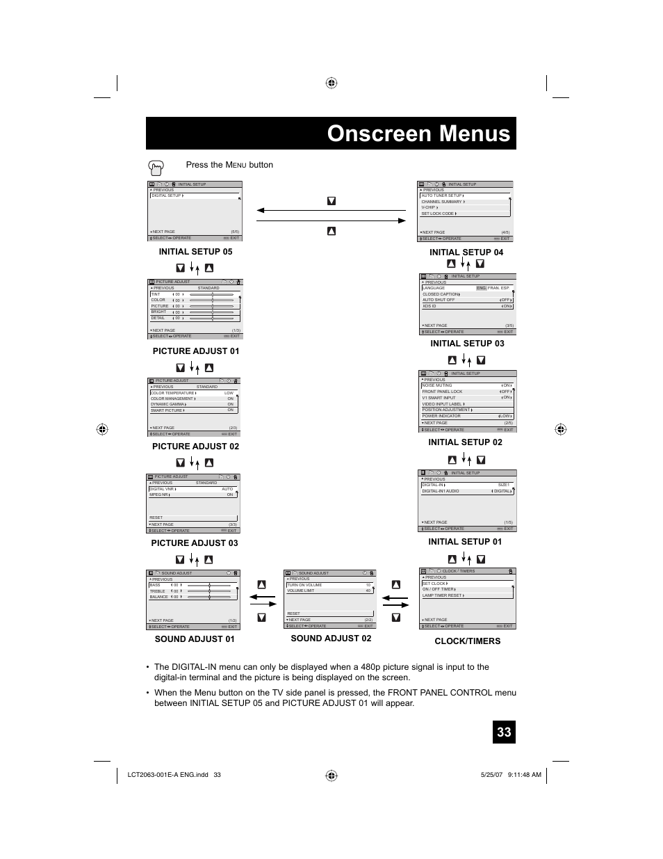 Onscreen menus, Picture adjust 01, Picture adjust 02 | Sound adjust 01 initial setup 05, Clock/timers, Initial setup 04 initial setup 03, Initial setup 02, Sound adjust 02, Picture adjust 03 press the m, Button | JVC HD-70A478 User Manual | Page 33 / 88