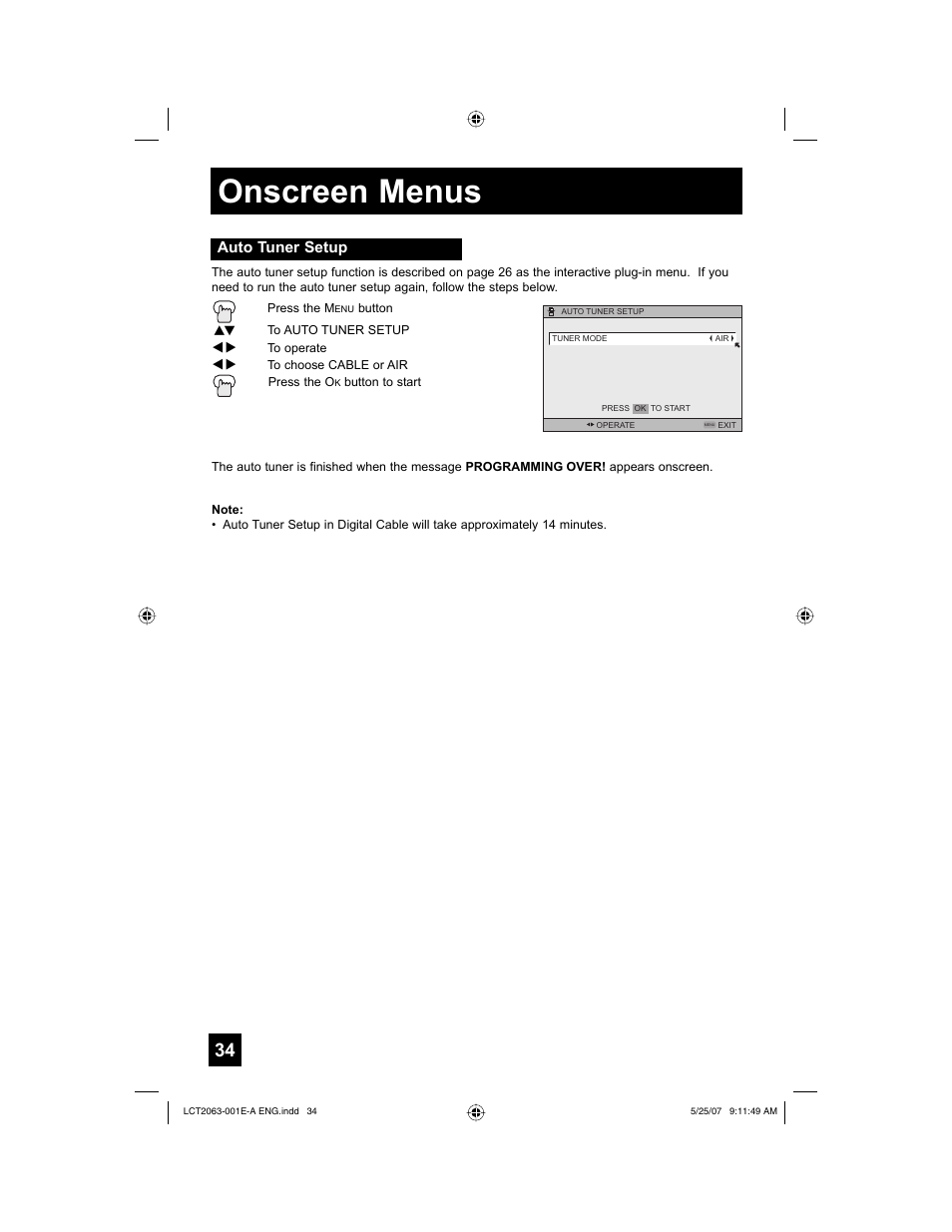 Auto tuner setup, Onscreen menus | JVC HD-70A478 User Manual | Page 34 / 88