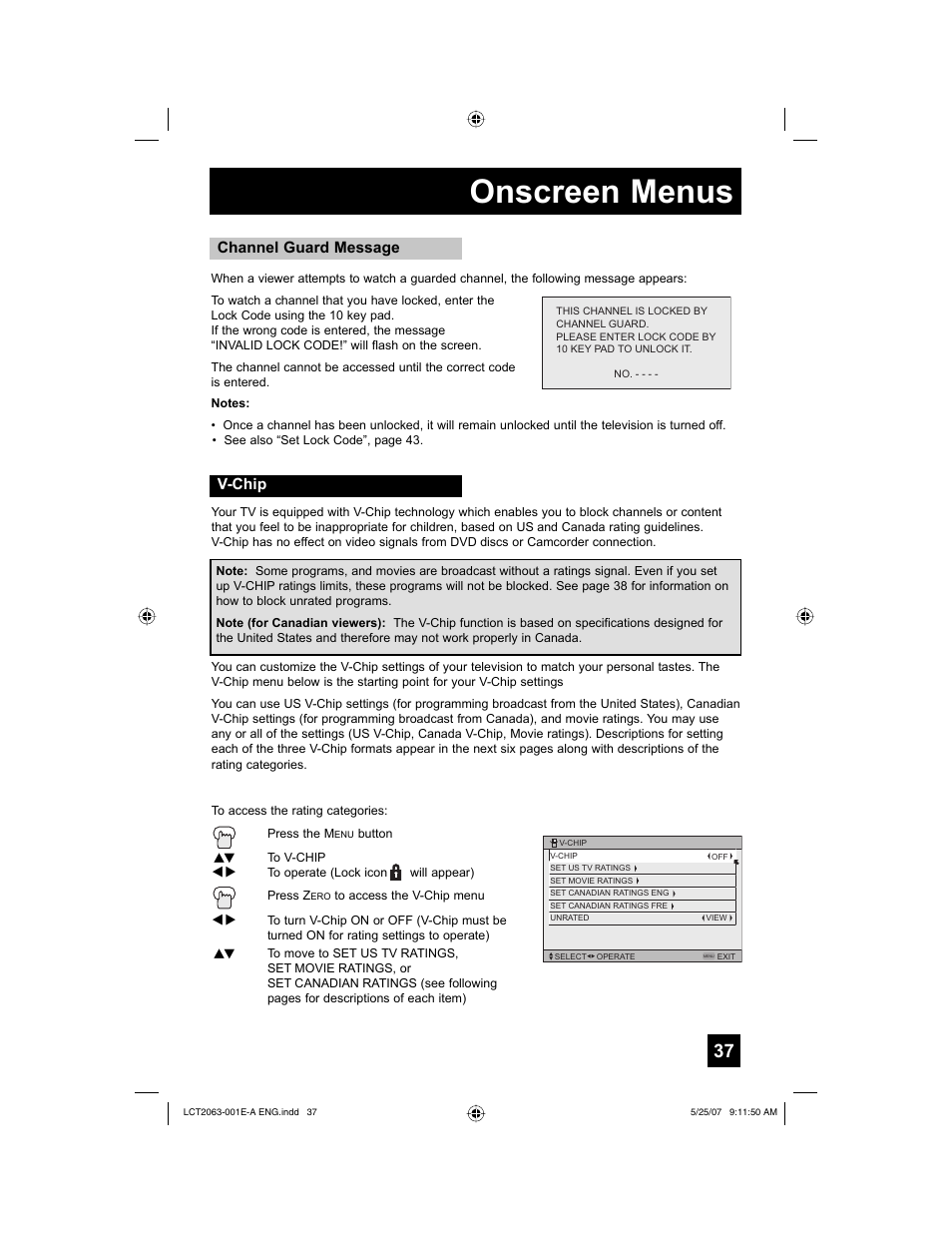 V-chip, Onscreen menus, Channel guard message v-chip | JVC HD-70A478 User Manual | Page 37 / 88