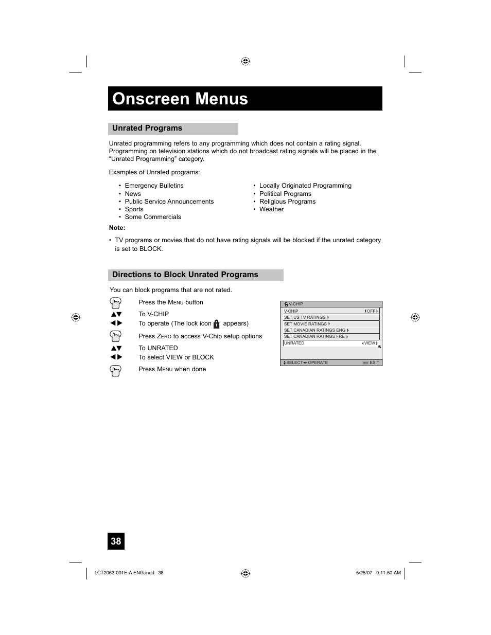 Onscreen menus, Directions to block unrated programs, Unrated programs | JVC HD-70A478 User Manual | Page 38 / 88