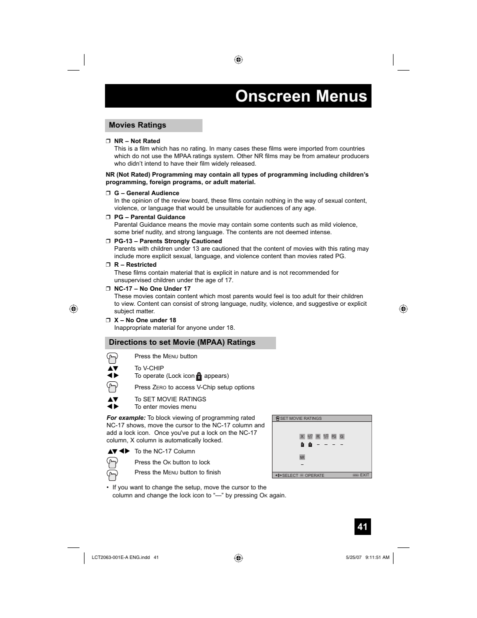 Onscreen menus, Movies ratings, Directions to set movie (mpaa) ratings | JVC HD-70A478 User Manual | Page 41 / 88