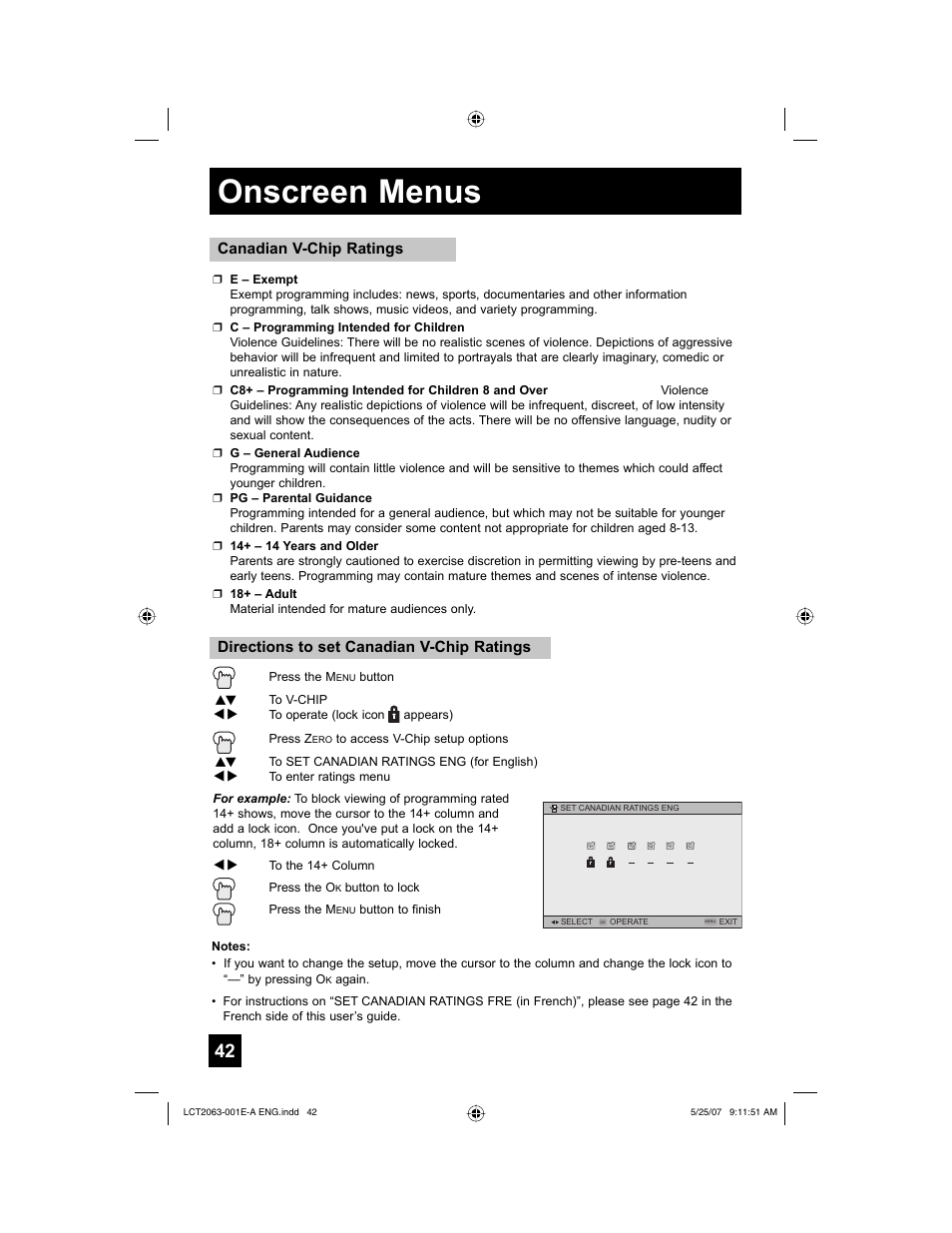 Onscreen menus, Directions to set canadian v-chip ratings, Canadian v-chip ratings | JVC HD-70A478 User Manual | Page 42 / 88