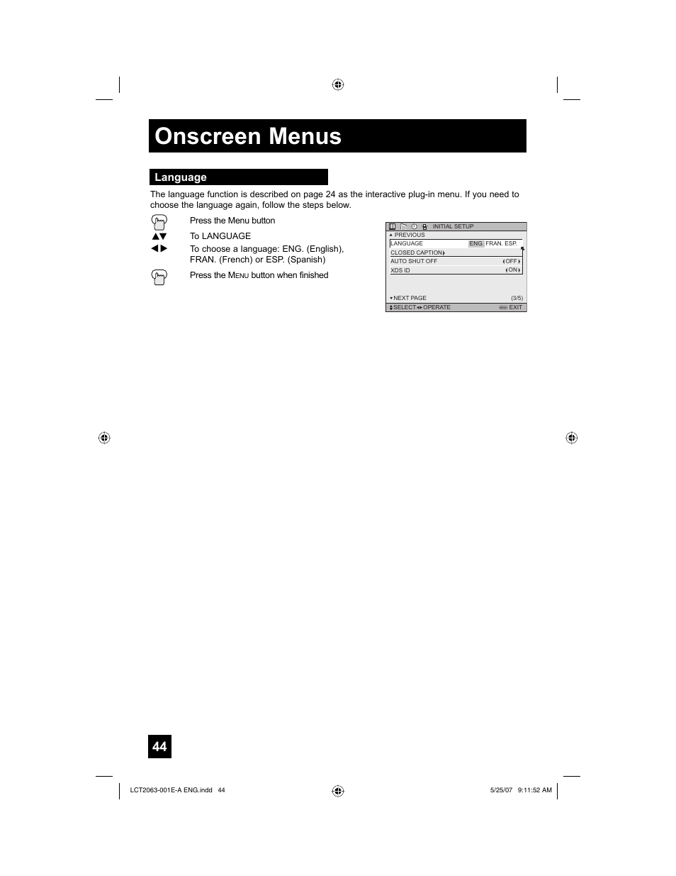 Language, Onscreen menus | JVC HD-70A478 User Manual | Page 44 / 88