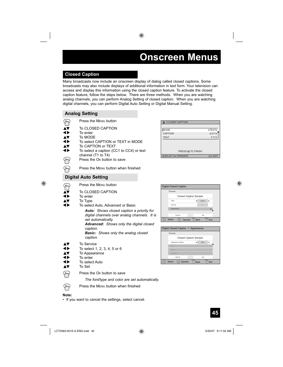 Closed caption, Onscreen menus, Closed caption analog setting digital auto setting | JVC HD-70A478 User Manual | Page 45 / 88