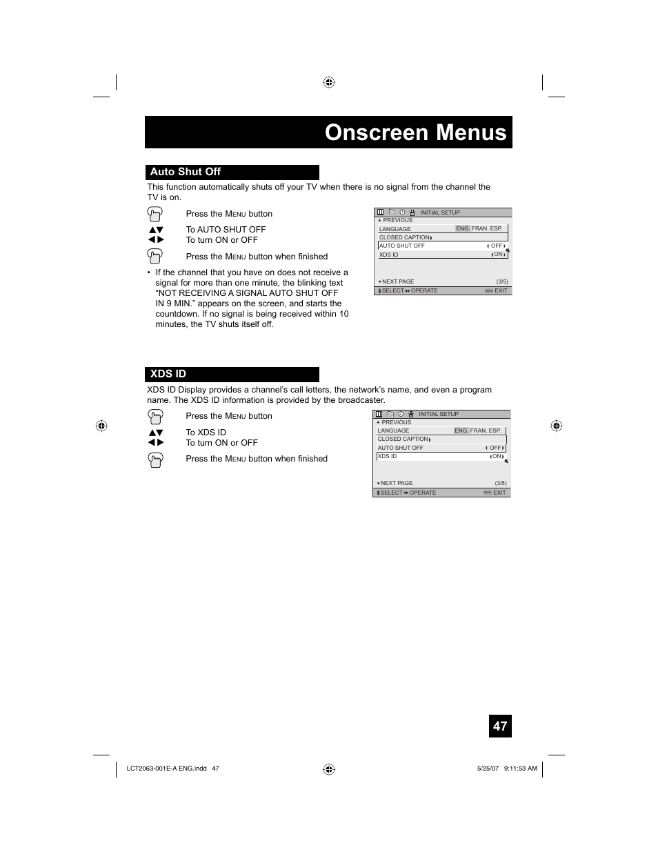 Auto shut off, Xds id, Onscreen menus | JVC HD-70A478 User Manual | Page 47 / 88