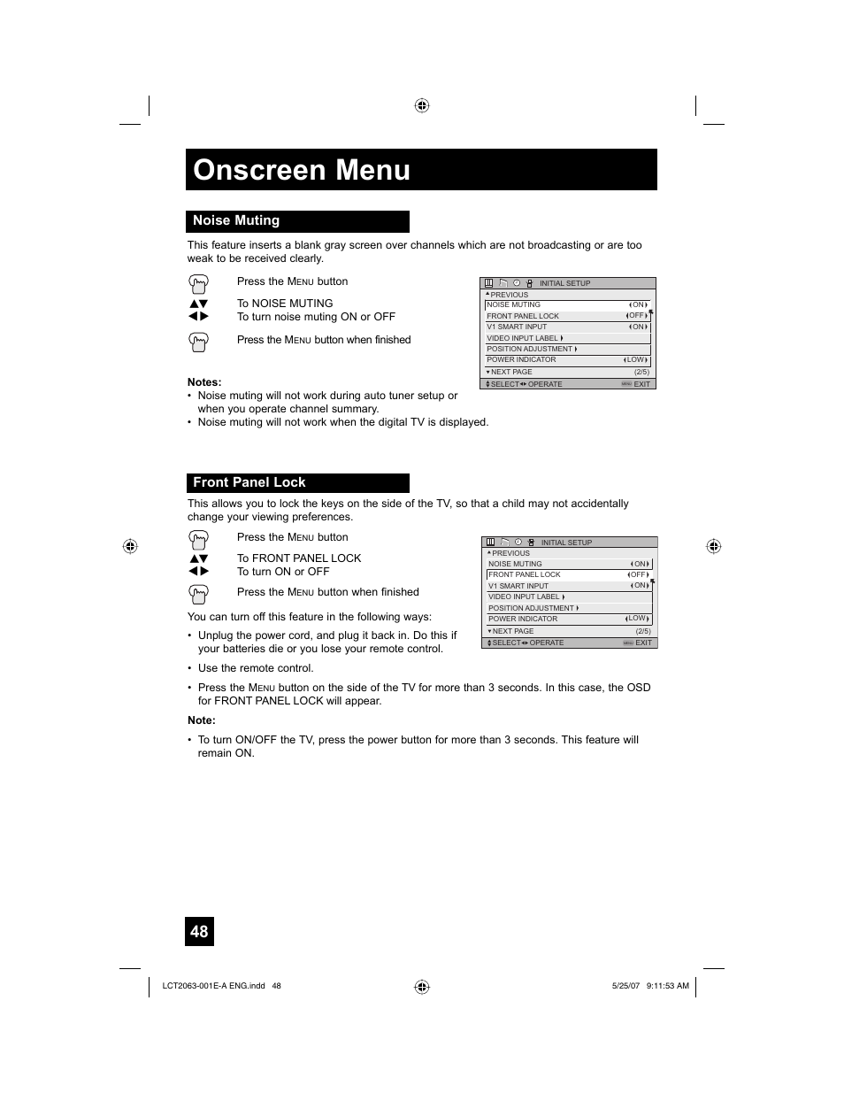 Noise muting, Front panel lock, Onscreen menu | JVC HD-70A478 User Manual | Page 48 / 88