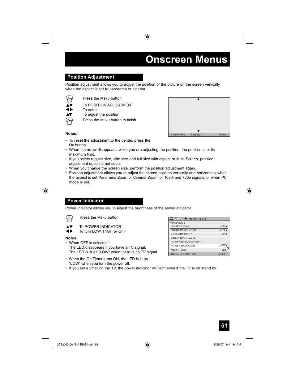 Position adjustment, Power indicator, Onscreen menus | JVC HD-70A478 User Manual | Page 51 / 88