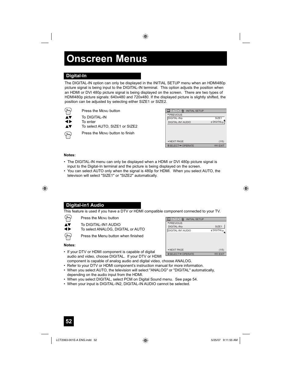 Digital-in, Digital-in1 audio, Onscreen menus | Digital-in digital-in1 audio | JVC HD-70A478 User Manual | Page 52 / 88