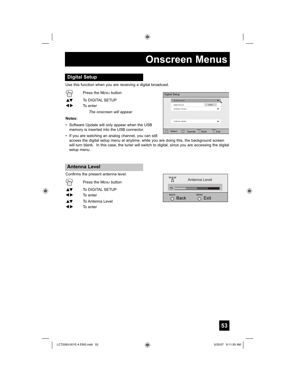 Digital setup, Antenna level, Onscreen menus | JVC HD-70A478 User Manual | Page 53 / 88