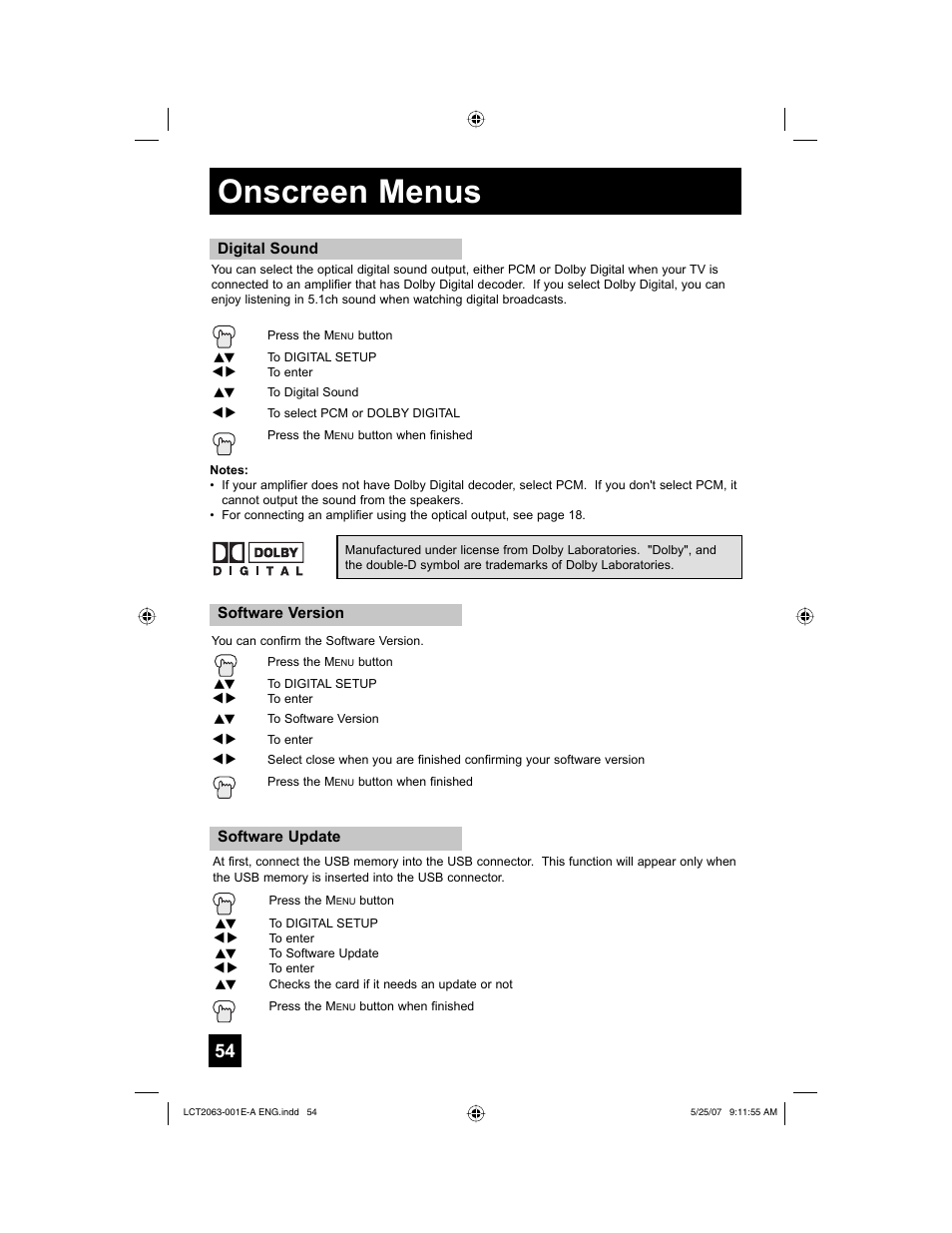 Digital sound, Software version, Software update | Onscreen menus | JVC HD-70A478 User Manual | Page 54 / 88