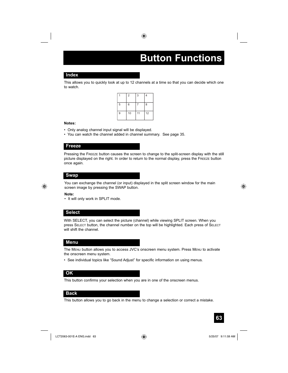 Index, Freeze, Swap | Select, Menu, Back, Button functions | JVC HD-70A478 User Manual | Page 63 / 88