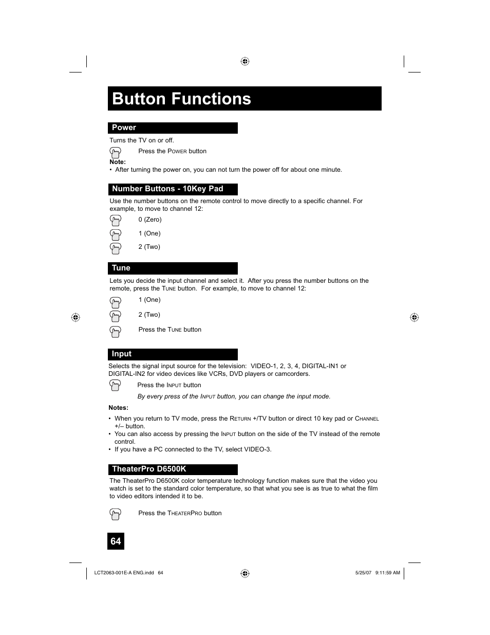 Power, Number buttons - 10key pad, Tune | Input, Theaterpro d6500k, Button functions | JVC HD-70A478 User Manual | Page 64 / 88