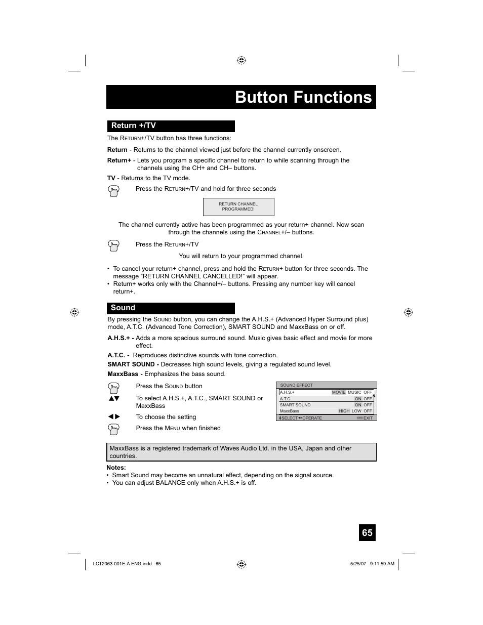 Return +/tv, Sound, Button functions | JVC HD-70A478 User Manual | Page 65 / 88