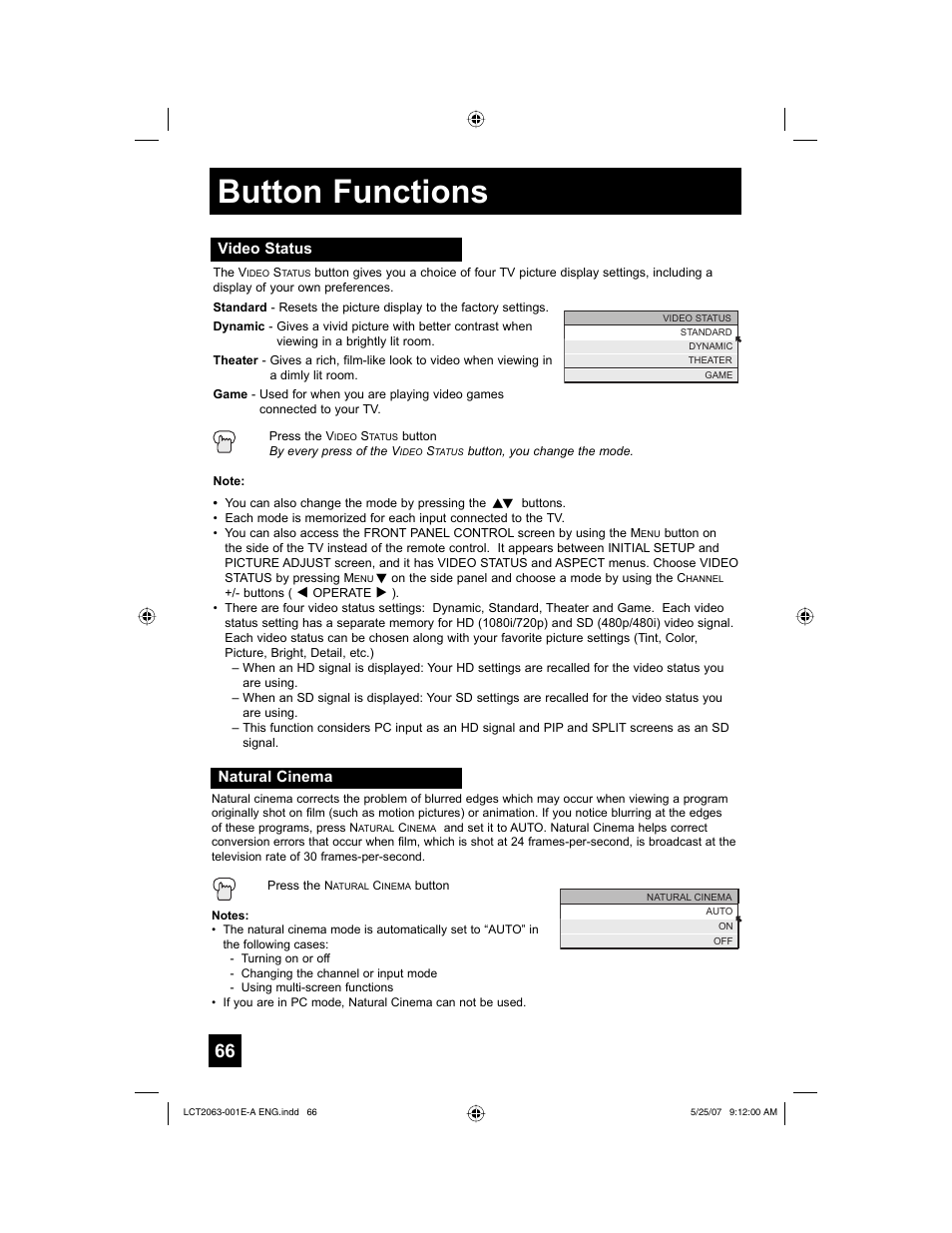 Video status, Natural cinema, Button functions | JVC HD-70A478 User Manual | Page 66 / 88