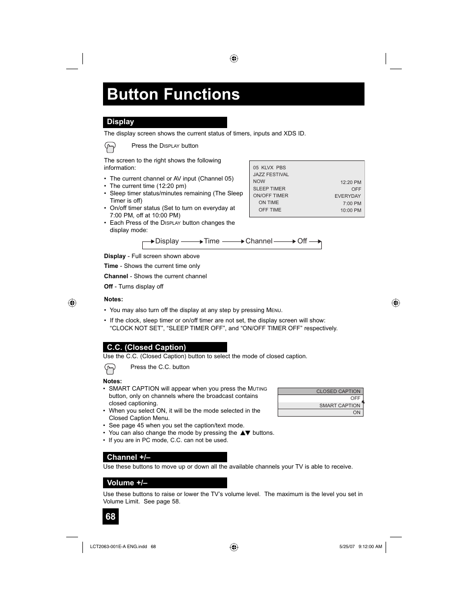 Display, C.c. (closed caption), Channel | Volume, Button functions | JVC HD-70A478 User Manual | Page 68 / 88