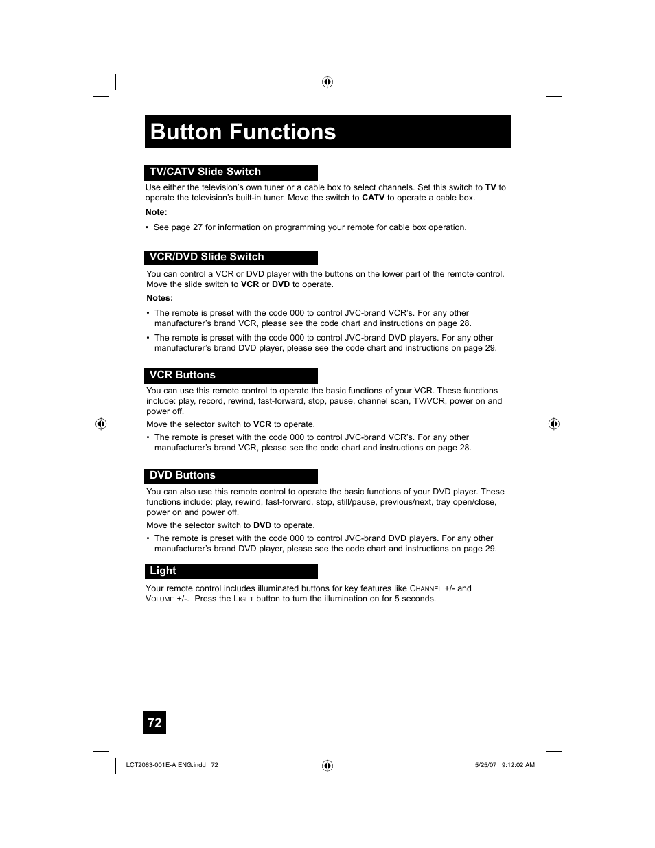 Tv/catv slide switch, Vcr/dvd slide switch, Vcr buttons | Dvd buttons, Light, Button functions | JVC HD-70A478 User Manual | Page 72 / 88