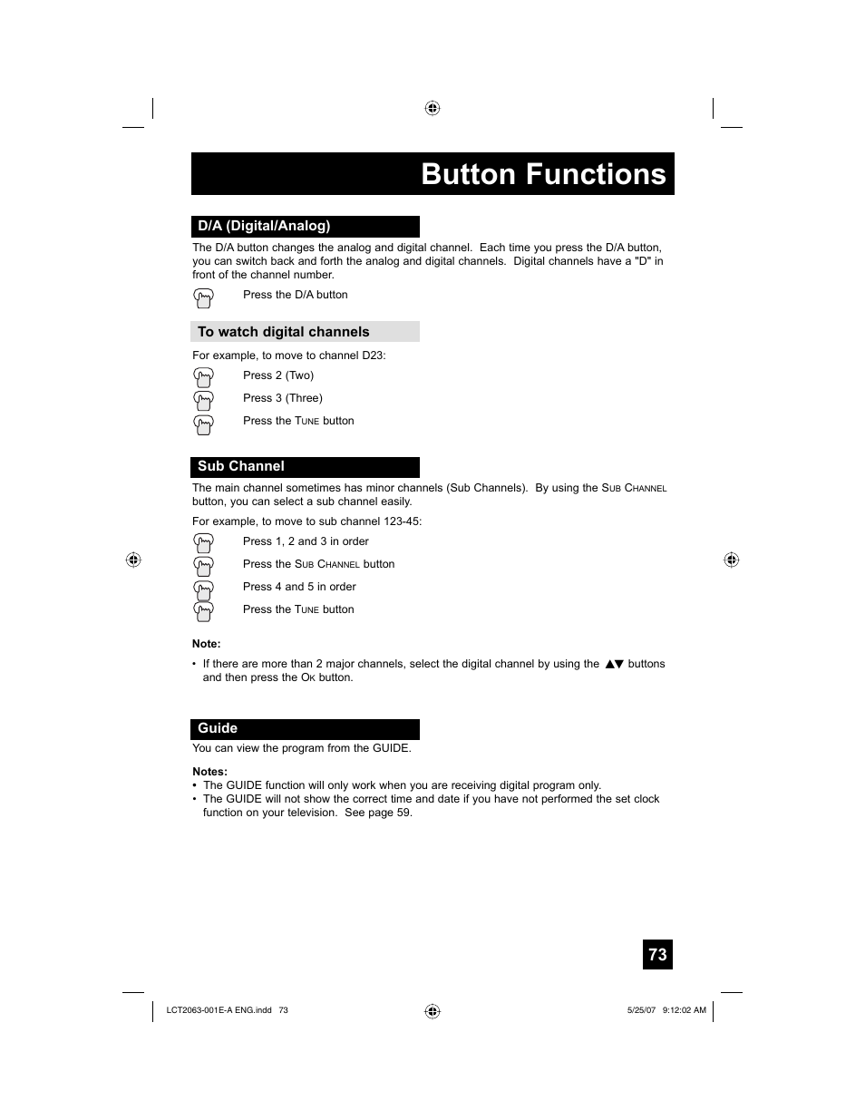 D/a (digital/analog), Sub channel, Guide | Button functions | JVC HD-70A478 User Manual | Page 73 / 88