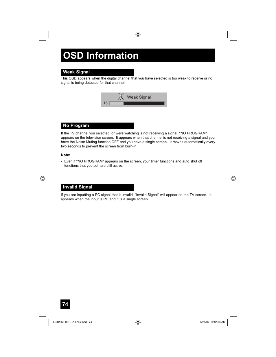 Osd information, Weak signal, No program | Invalid signal | JVC HD-70A478 User Manual | Page 74 / 88