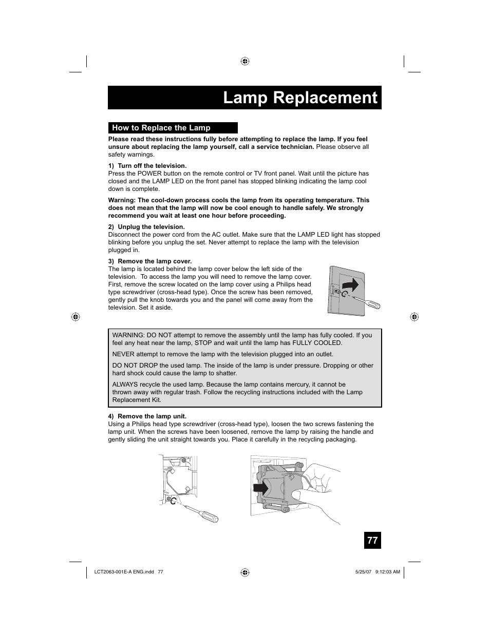 How to replace the lamp, Lamp replacement | JVC HD-70A478 User Manual | Page 77 / 88