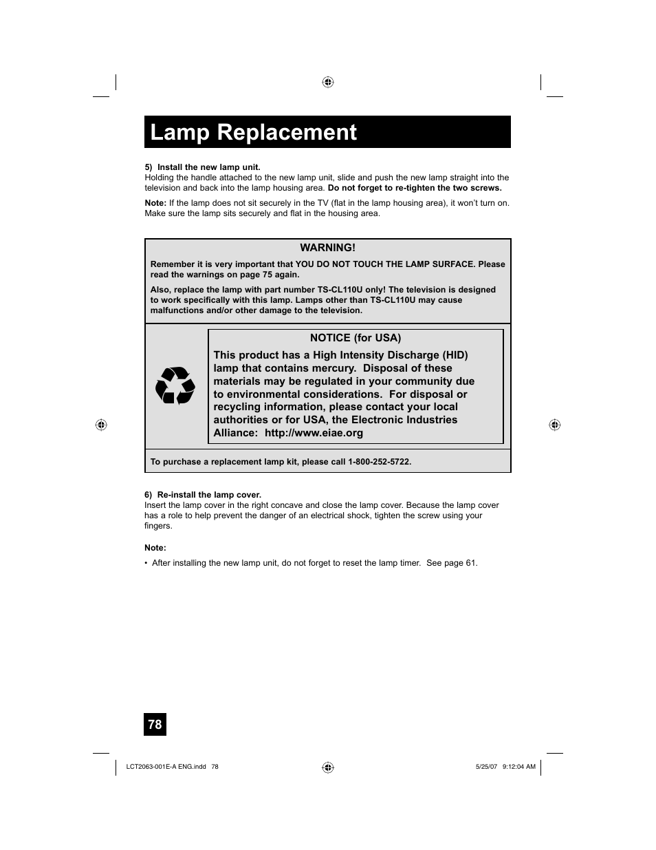 Lamp replacement | JVC HD-70A478 User Manual | Page 78 / 88