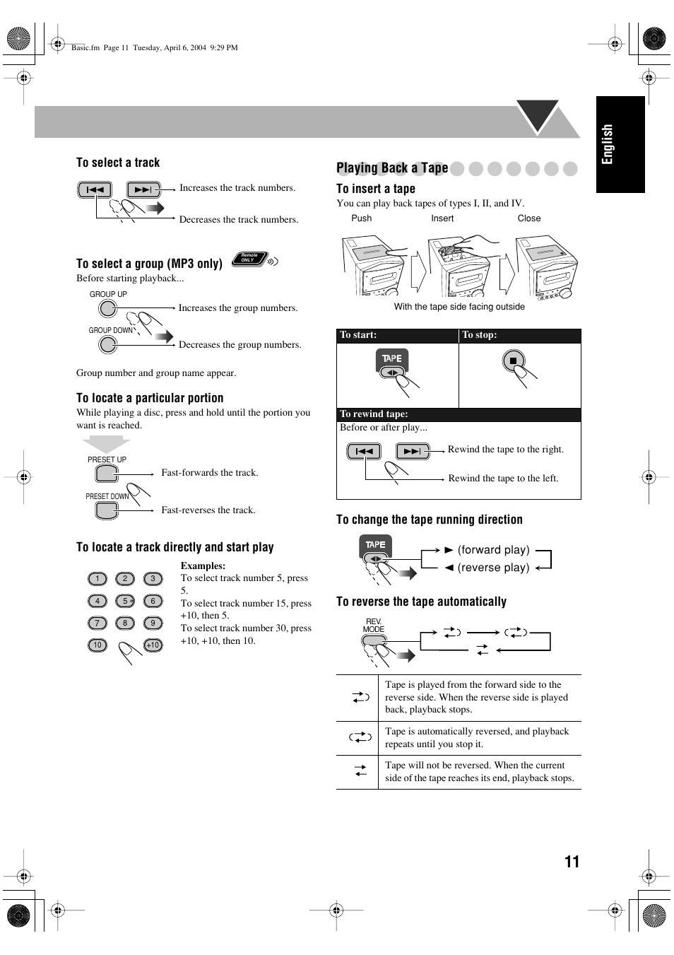 English, Playing back a tape | JVC UX-P400 User Manual | Page 15 / 80