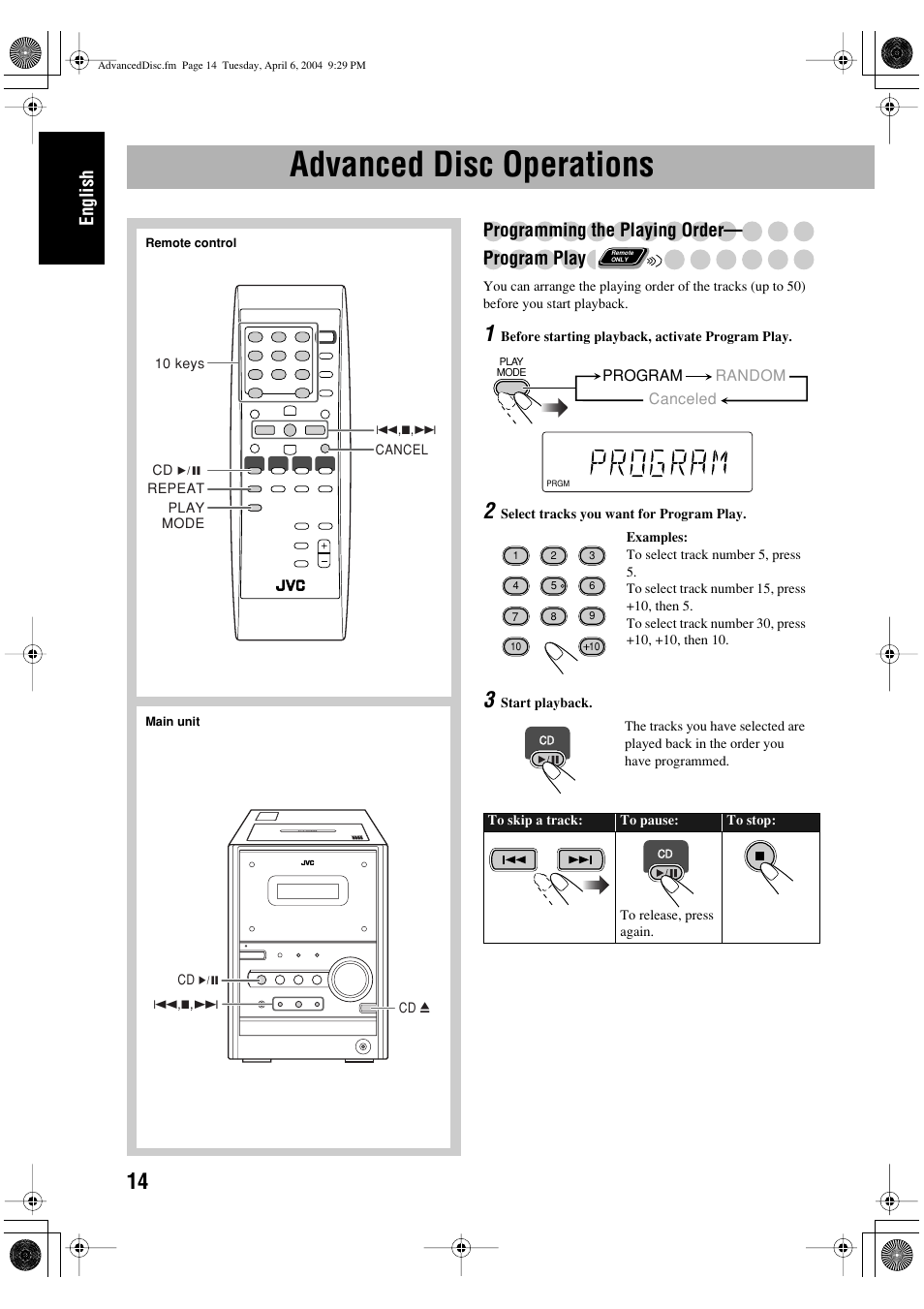 Advanced disc operations, English, Programming the playing order— program play | JVC UX-P400 User Manual | Page 18 / 80