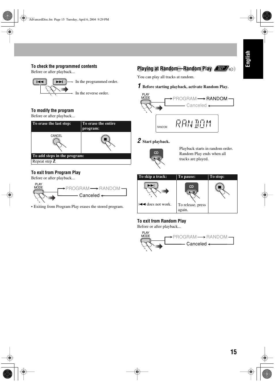 English, Playing at random—random play | JVC UX-P400 User Manual | Page 19 / 80