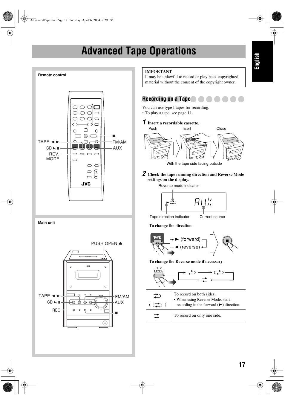 Advanced tape operations, English, Recording on a tape | JVC UX-P400 User Manual | Page 21 / 80