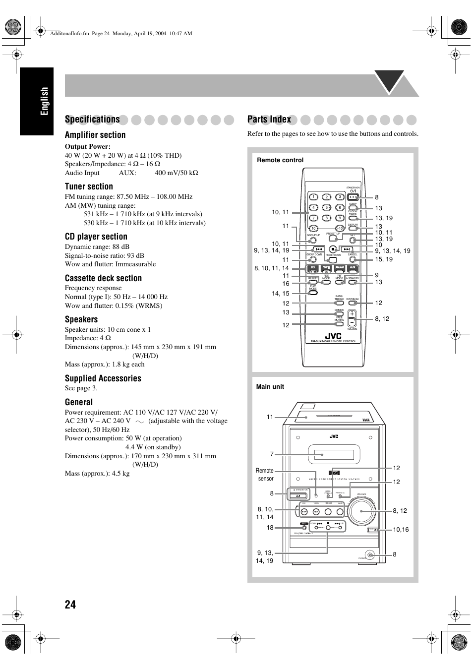 English specifications, Parts index, Speakers | Supplied accessories, General | JVC UX-P400 User Manual | Page 28 / 80