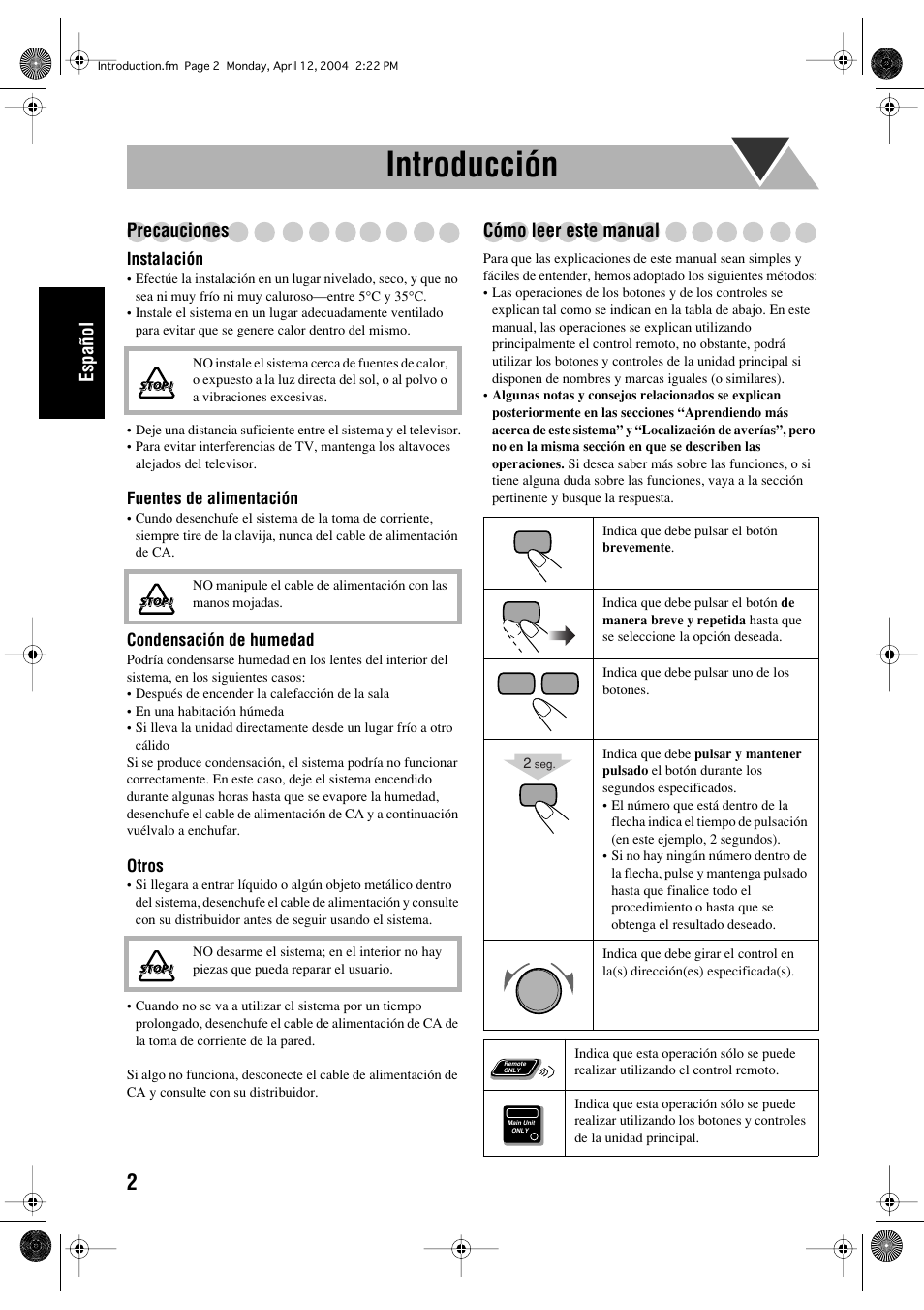 Introducción, Español, Precauciones | Cómo leer este manual | JVC UX-P400 User Manual | Page 30 / 80