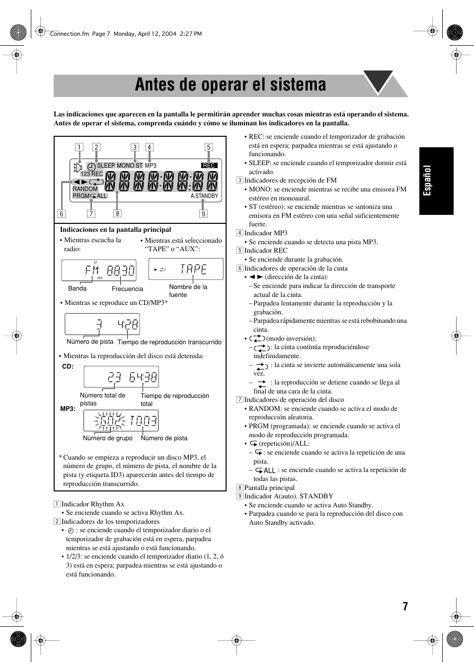 Antes de operar el sistema, Español | JVC UX-P400 User Manual | Page 35 / 80