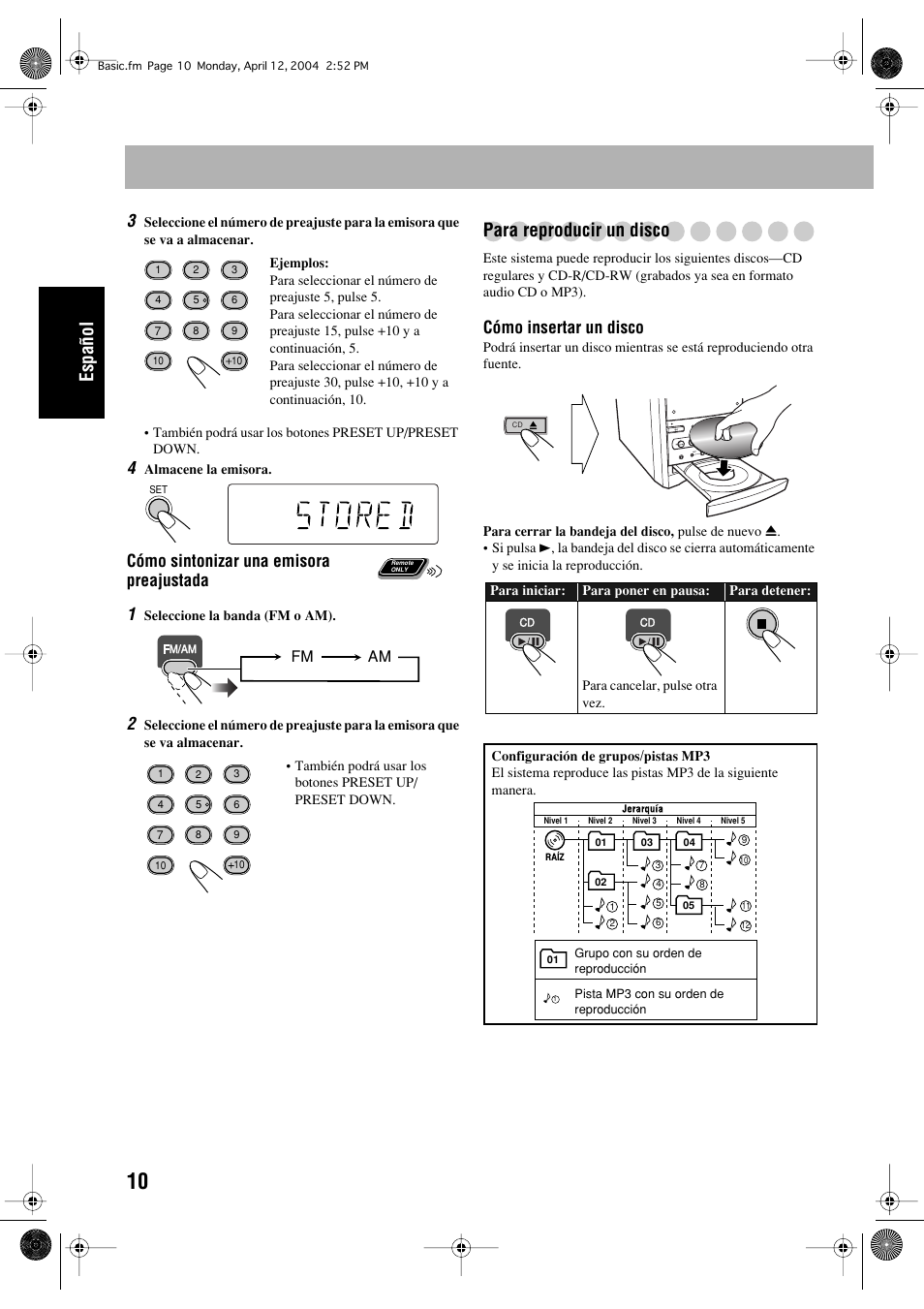 Español, Para reproducir un disco, Cómo sintonizar una emisora preajustada 1 | Cómo insertar un disco | JVC UX-P400 User Manual | Page 38 / 80