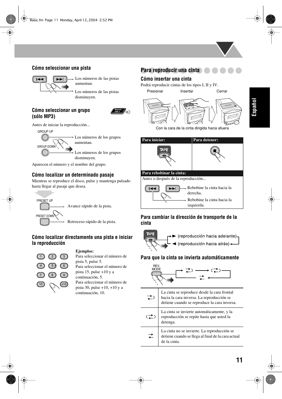 Español, Para reproducir una cinta | JVC UX-P400 User Manual | Page 39 / 80