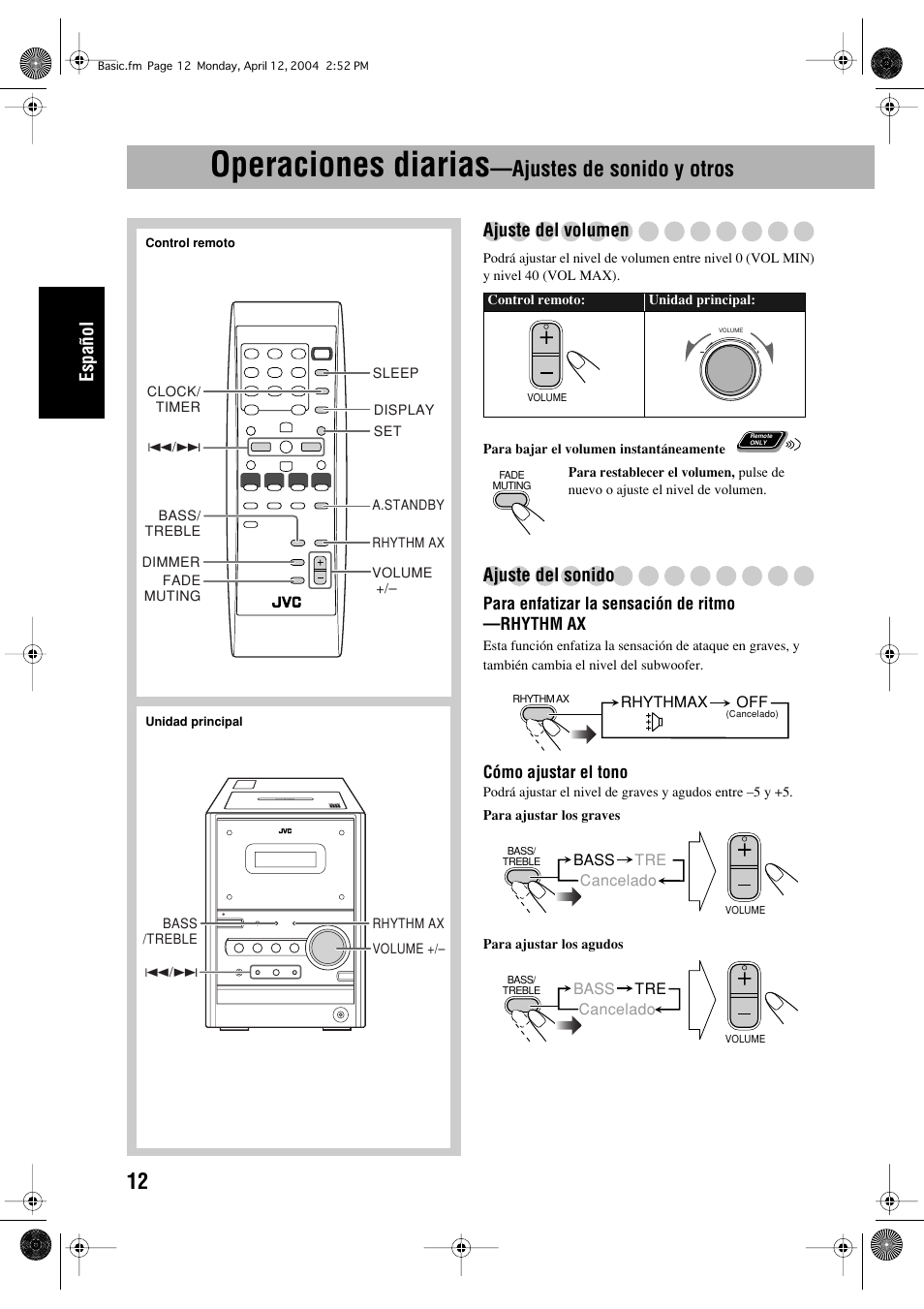 Operaciones diarias, Ajustes de sonido y otros, Español | Ajuste del volumen, Ajuste del sonido | JVC UX-P400 User Manual | Page 40 / 80