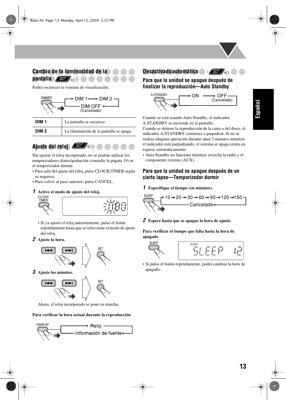 Español cambio de la luminosidad de la pantalla, Ajuste del reloj, Desactivado automático | JVC UX-P400 User Manual | Page 41 / 80