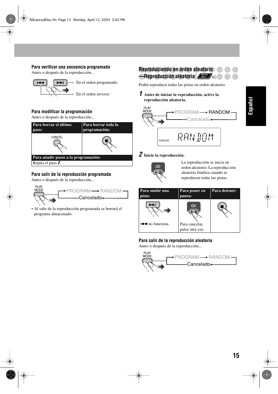 Español, Reproduciendo en orden aleatorio, Reproducción aleatoria | JVC UX-P400 User Manual | Page 43 / 80