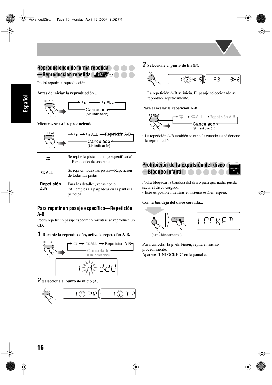 Español, Reproduciendo de forma repetida, Reproducción repetida | JVC UX-P400 User Manual | Page 44 / 80