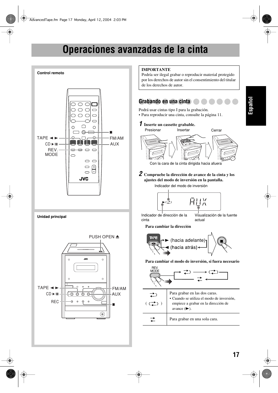 Operaciones avanzadas de la cinta, Español, Grabando en una cinta | JVC UX-P400 User Manual | Page 45 / 80