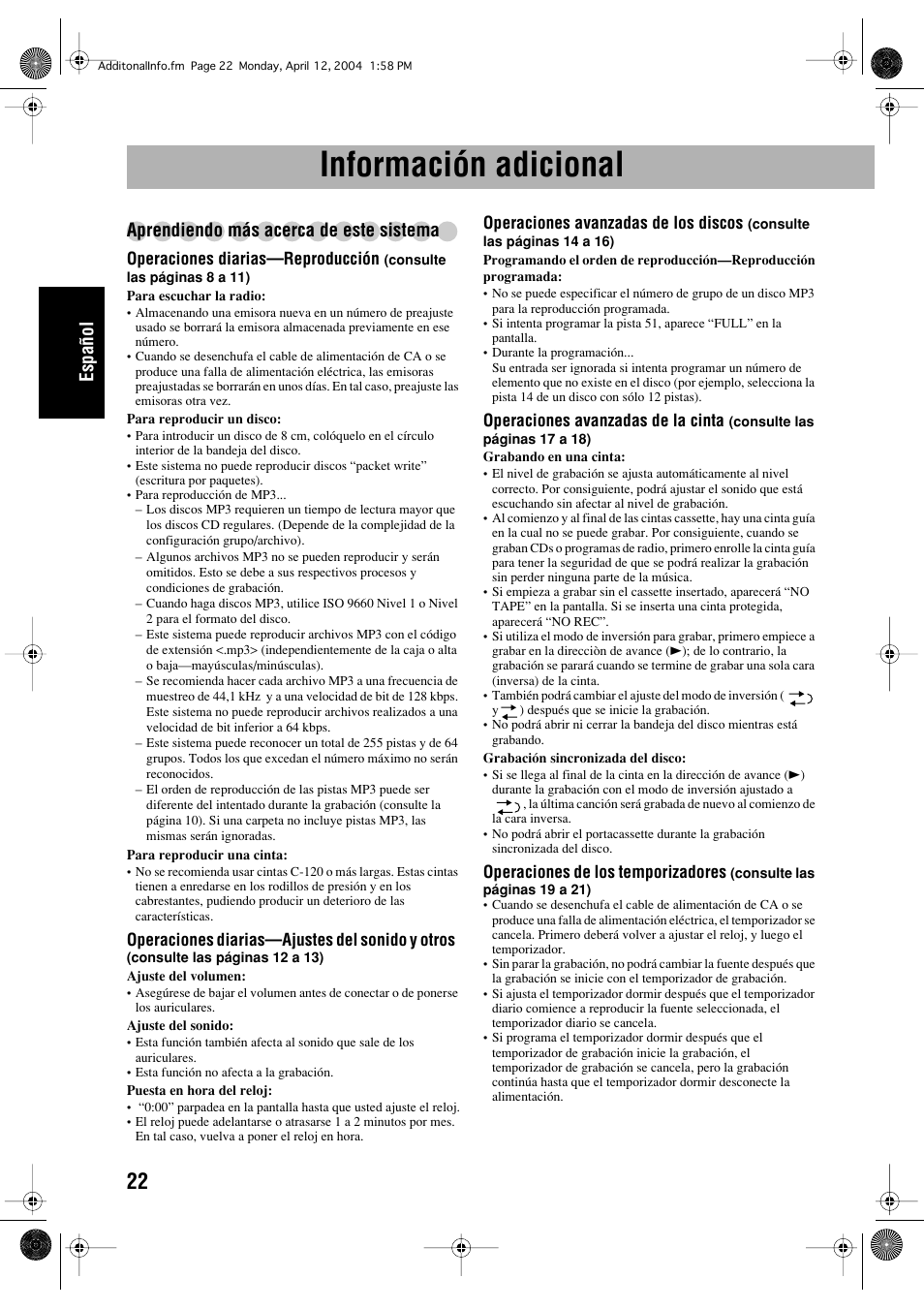 Información adicional, Español, Aprendiendo más acerca de este sistema | JVC UX-P400 User Manual | Page 50 / 80