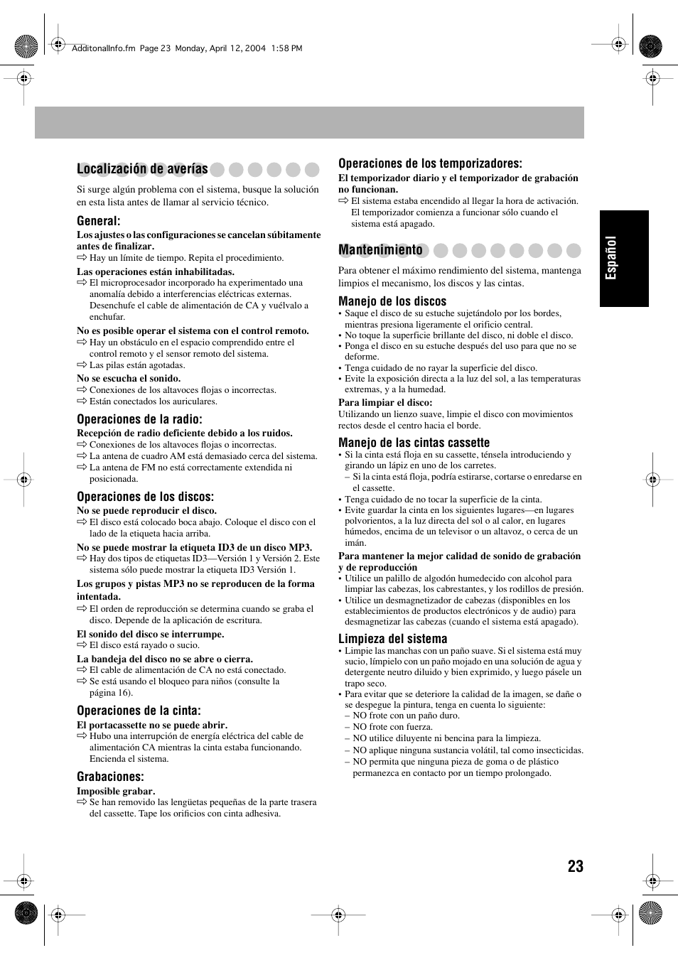 Español localización de averías, Mantenimiento | JVC UX-P400 User Manual | Page 51 / 80