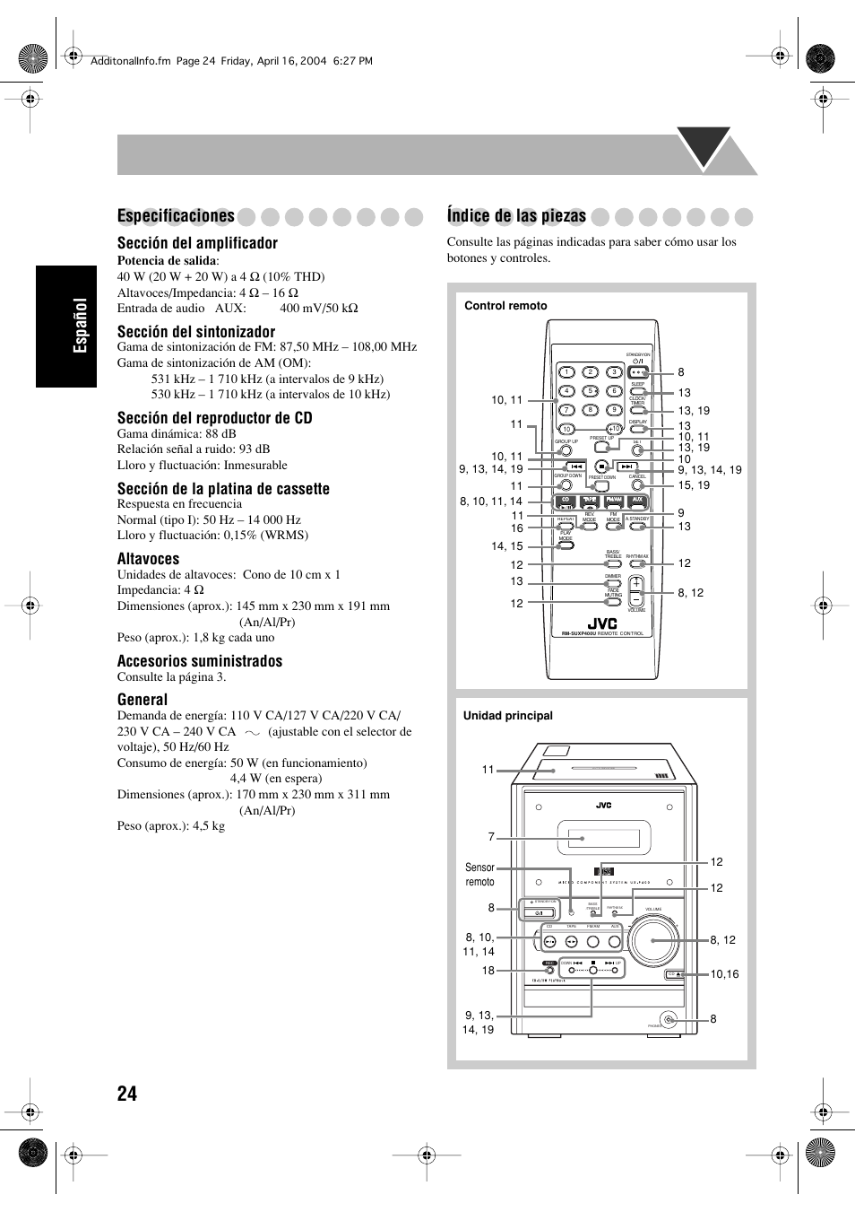 Español especificaciones, Índice de las piezas, Sección del amplificador | Sección del sintonizador, Sección del reproductor de cd, Sección de la platina de cassette, Altavoces, Accesorios suministrados, General | JVC UX-P400 User Manual | Page 52 / 80
