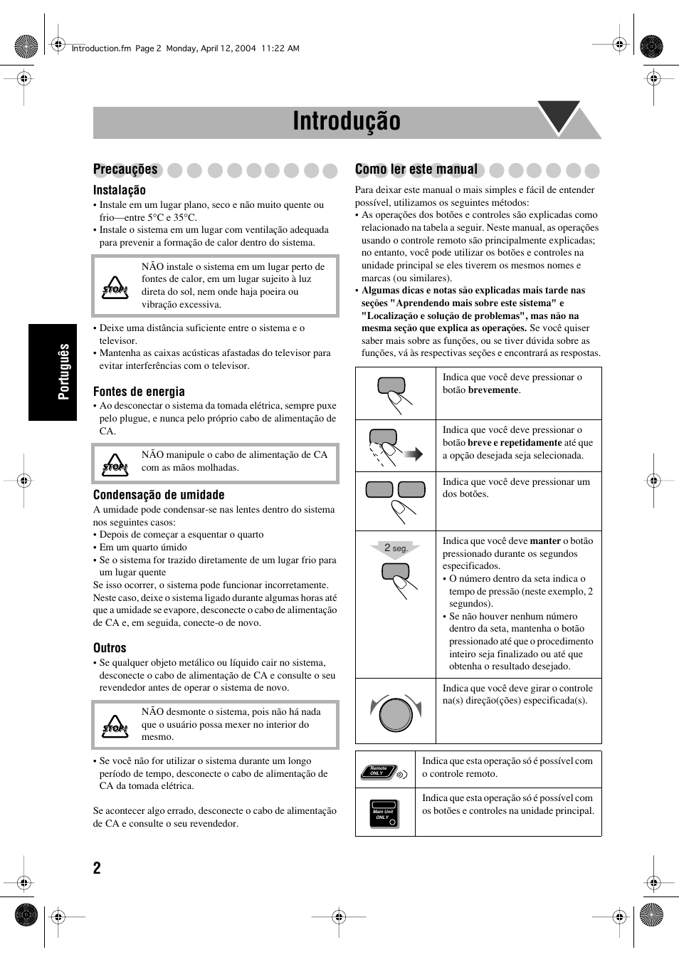 Introdução, Português, Precauções | Como ler este manual | JVC UX-P400 User Manual | Page 54 / 80