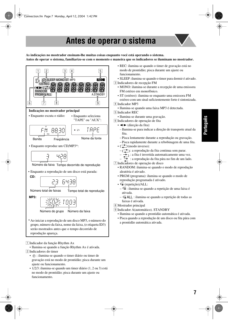 Antes de operar o sistema, Português | JVC UX-P400 User Manual | Page 59 / 80