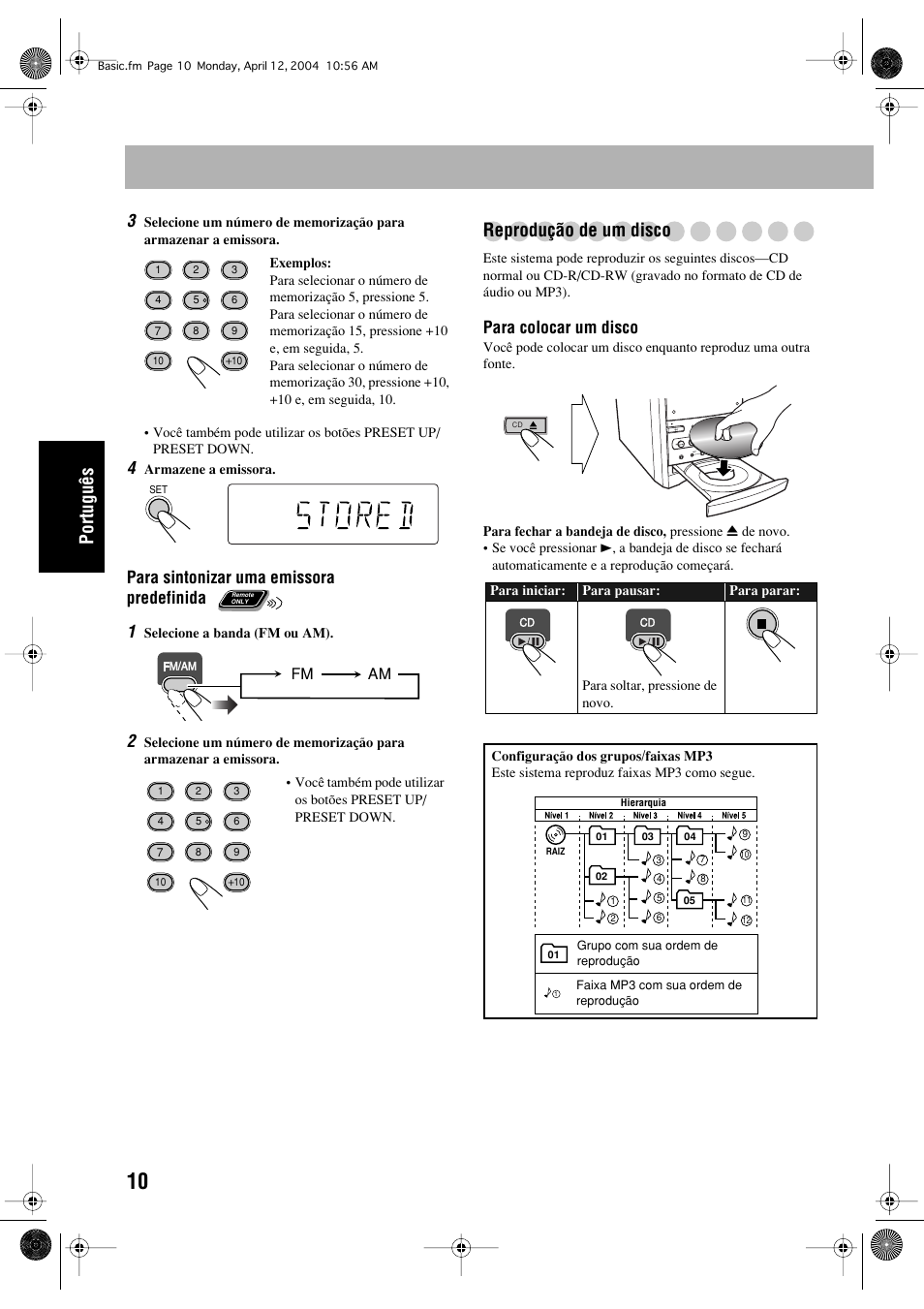 Português, Reprodução de um disco, Para sintonizar uma emissora predefinida 1 | Para colocar um disco | JVC UX-P400 User Manual | Page 62 / 80